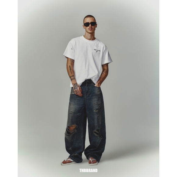 THBB DISTRESSED BAGGY JEANS - DIRTY BLUE WASHED