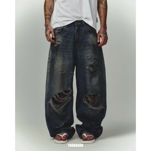 THBB DISTRESSED BAGGY JEANS - DIRTY BLUE WASHED