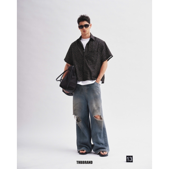 THBB LEOPARD-BOXY SHIRTS - GREY