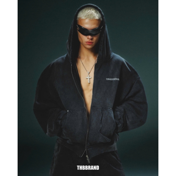 THBB WASHED HOODIE ZIP - BLACK