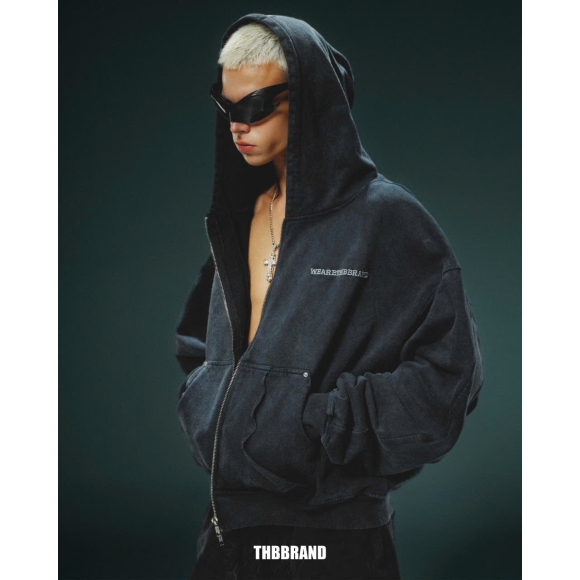 THBB WASHED HOODIE ZIP - BLACK