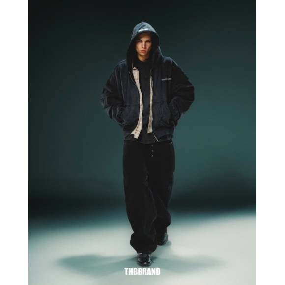 THBB WASHED HOODIE ZIP - BLACK