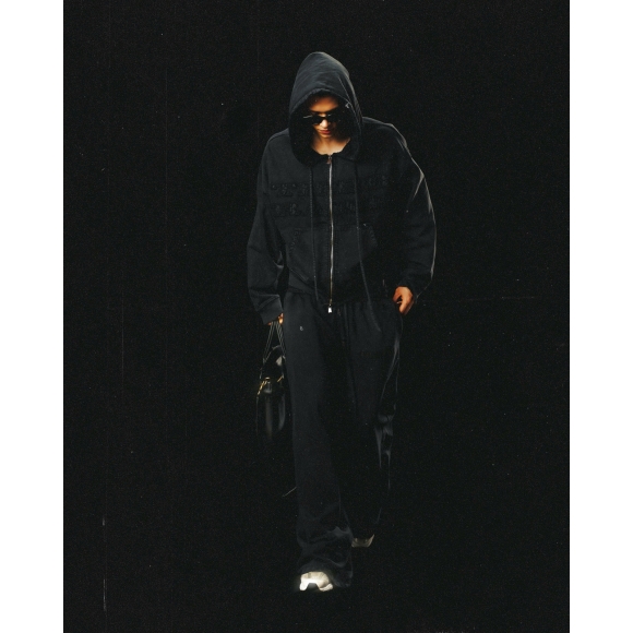 THBB WASHED HOODIE ZIP FW25 - BLACK