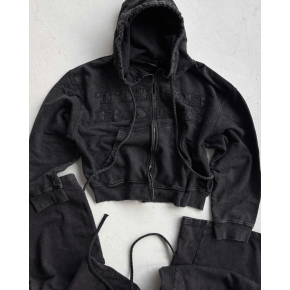 THBB WASHED HOODIE ZIP FW25 - BLACK